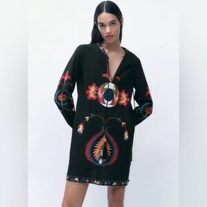 Zara Long Sleeve Short Embroidered Tunic Dress Floral Black Sz XS aztec boho
